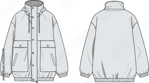 Technical sketch of hooded jacket, front and back view, flap pockets, slit pockets, ribbed hem, button placket, fashion illustration