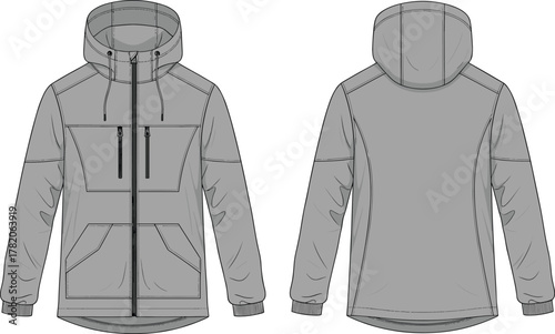 Technical sketch of hooded jacket, front and back view, zippered chest pockets, patch pockets, yoke seam, fashion design, illustration