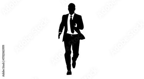 Silhouette of a man in a suit running towards the viewer on a white background in a full shot view