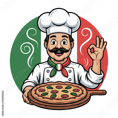 Italian Chef with Pizza and Okay Hand Gesture in Front of Italian Flag food cooking