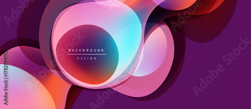 Abstract background features overlapping colorful circles. Gradient shades blend purple, pink, orange, turquoise. Modern design element.