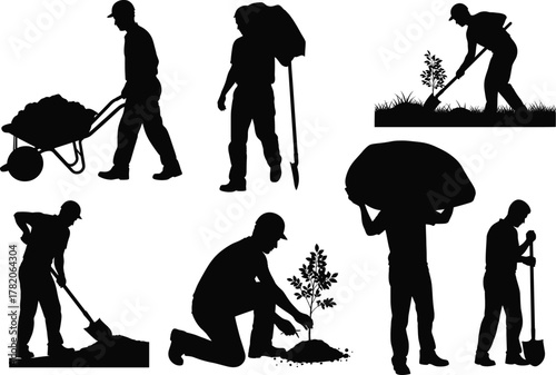 Silhouette illustration of outdoor laborers working with tools, planting trees, carrying loads, and digging soil, representing teamwork, hard work, agriculture, and construction industry concept