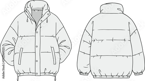 Technical sketch of hooded quilted puffer jacket, front and back view, snap button placket, drawstring hem, fashion design, illustration