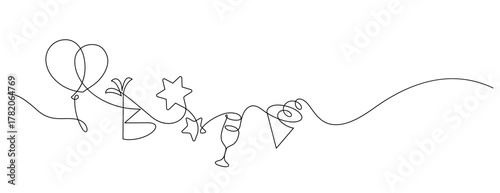 new year party celebration decorate one line drawing continuous. cute icon symbol divider ornate minimalism thin line illustration copy space