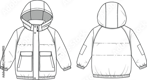 Technical sketch of hooded winter jacket, front and back view, flap pockets, sleeve patch, snap placket, fashion design, illustration