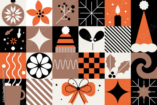 Xmas bauhaus pattern with red and brown ornaments. Vector retro geometric Christmas and New Year mosaic design for advent calendars, cover, festive cards, packaging, prints, banners, seasonal greeting