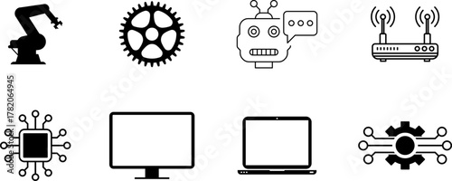 Technology AI icons set - robot, chip, robotic arm, artificial intelligence, wifi, router, gear, monitor, smartfone vector png or Jpeg