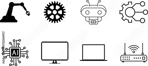Technology AI icons set - robot, chip, robotic arm, artificial intelligence, wifi, router, gear, monitor, smartfone vector png or Jpeg