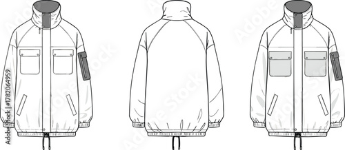 Technical sketch of multi-view hooded jacket, front, back, and color-blocked view, flap pockets, sleeve zipper, fashion design, illustrationTechnical sketch of multi-view