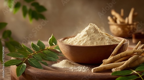 A natural, earthy composition showcasing a bowl of herbal powder with natural elements.