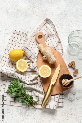Wooden board with ingredien...