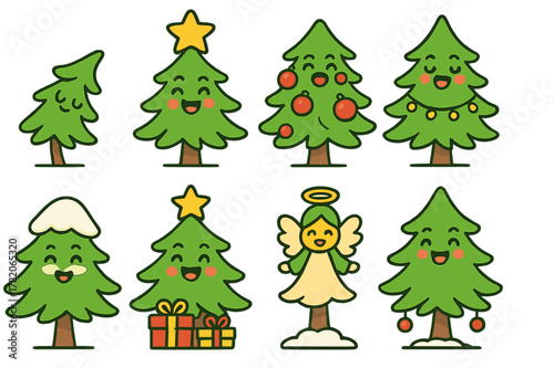 Festive cartoon trees celebrating Christmas with smiles, decorations, and gifts in a cheerful winter scene