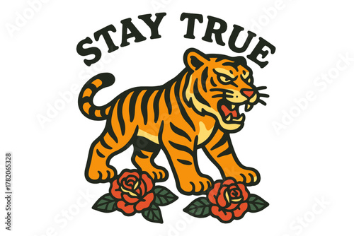 Bold tiger illustration surrounded by roses emphasizes the message of staying true to oneself in vibrant colors