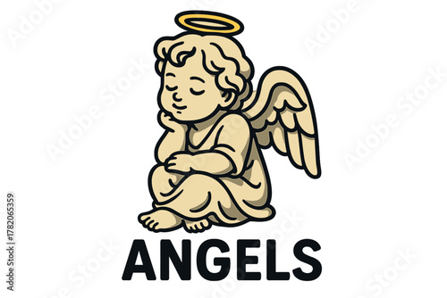 Cute angel figure with a thoughtful expression and a halo sitting peacefully