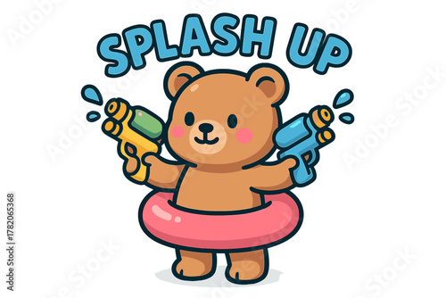 Cute bear holding water guns in inflatable ring at summer pool party with playful atmosphere and cheerful vibes