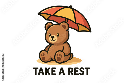 Cute teddy bear relaxing under colorful umbrella encourages taking a break