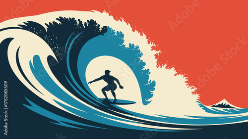 Dynamic surfer rides massive ocean wave with vibrant red sky and distant mountain peak, capturing thrill and adventure