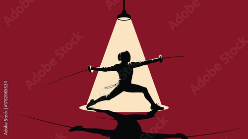Dynamic fencer in action, silhouetted against a dramatic spotlight, embodying focus, agility, and competitive spirit.