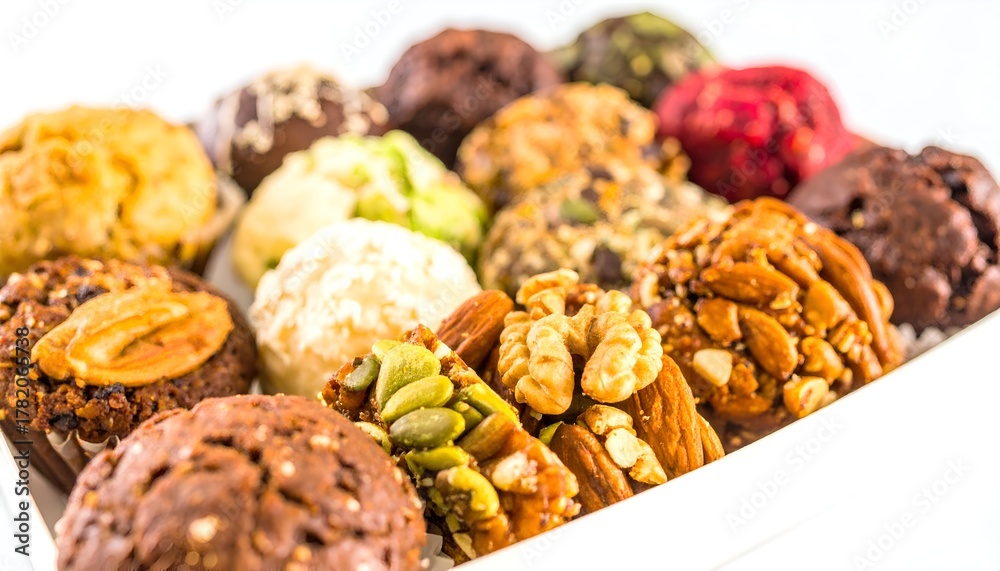 Fototapeta premium A close-up view of an assortment of freshly baked muffins and cookies with various toppings like nuts, seeds, and chocolate chips, arranged in a white box.