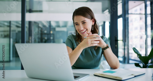 Laptop, happy woman or listening to business webinar, virtual training or productivity lecture. Note taking, office or employee with pc for online advice, company optimization or development workshop
