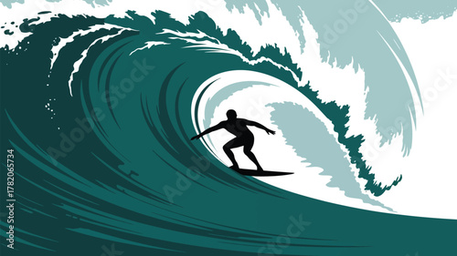 Dynamic surfer carving through a massive, powerful ocean wave, capturing the thrill and adventure of extreme sports.
