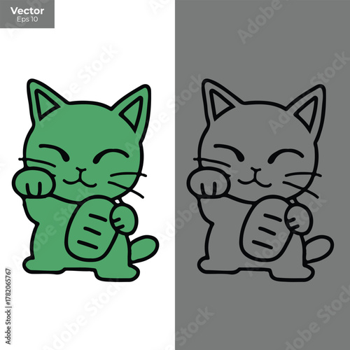 Cute green maneki neko cat waving its paw for good luck, isolated on white background