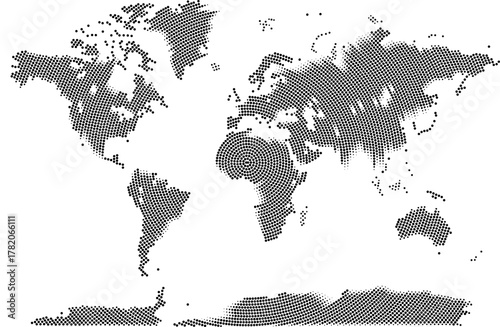 Digital round circle outline dotted pattern vector world map. Infographic geometric dot pattern universe. Pixel pattern atlas showing realistic earth