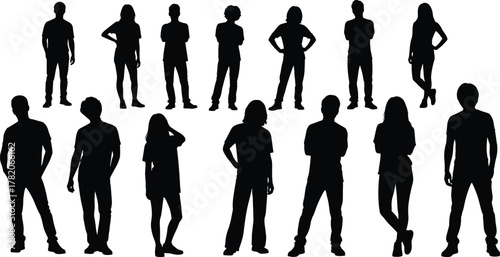 Human silhouette vector, diverse standing poses, posture icon set, body shape clipart, cad drawing flat vector illustration, fitness stance design