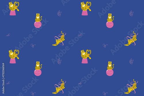 A sparse repeating pattern with small circus leopard figures holding rings, pedestals and large ball