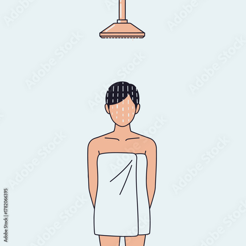 Minimalist illustration of a person wrapped in a white towel standing under a shower head with water on their face.