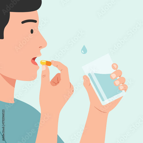 Vector illustration of a man in profile taking a pill capsule with a glass of water.