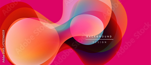 Abstract fluid shapes overlap, creating vibrant color gradients. Pink dominates background, with orange, blue highlights. Modern design element.