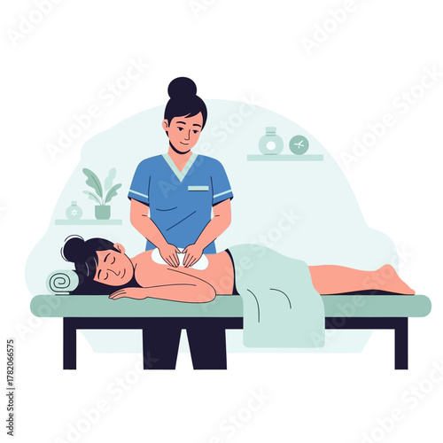 A female massage therapist performs a cupping therapy treatment on a woman's back in a spa setting.