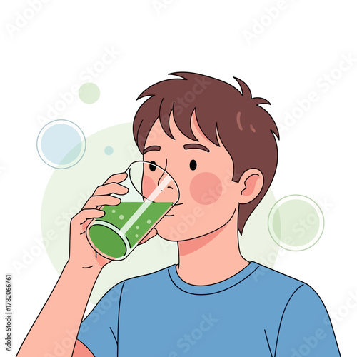 Illustration of a young man in a blue shirt drinking a healthy green juice from a glass.