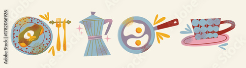 Retro Breakfast Icons Vector Set: Coffee Moka Pot, Fried Eggs Pan, Avocado Toast, and Tea Mug Illustration. Flat vector illustration kitchen utensils. Food and morning meal concept