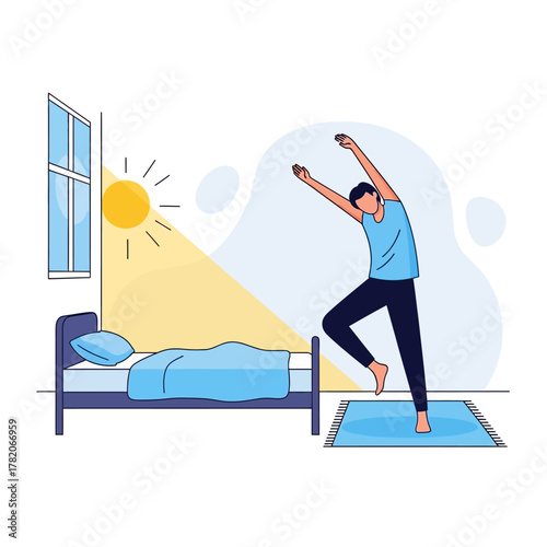 A man starts his day with a morning stretch on a mat in his sunlit bedroom.