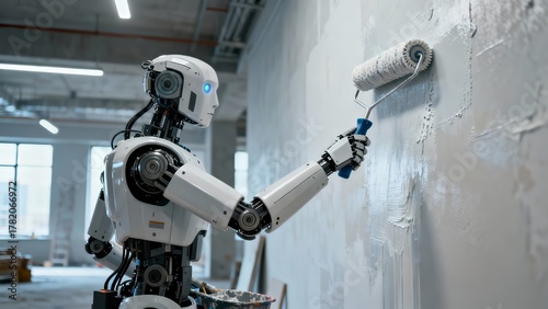 Humanoid Robot Painting Wall Construction Renovation Work