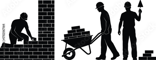 Silhouettes of construction workers building brick wall and carrying materials, vector illustration for construction site, architecture, masonry labor, and industrial design concepts