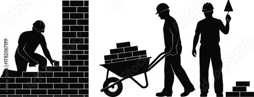 Silhouettes of construction workers building brick wall, carrying materials, and using tools, vector illustration for architecture, construction industry, masonry labor, and industrial work design