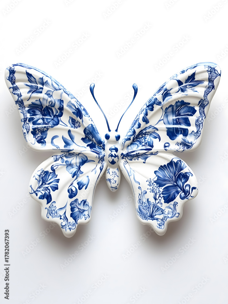Fototapeta premium Blue and White Porcelain Pattern Butterfly