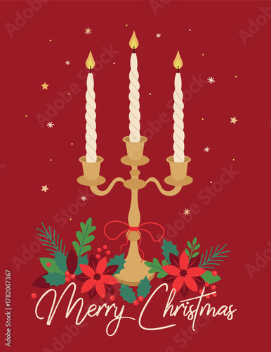 Festive candle holder with flowers and glowing candles on red background.Elegant vector illustration of three candles in a golden holder decorated with floral elements and greenery on a red background