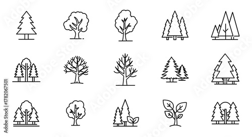 Collection of stylized line art tree icons, showcasing diverse forest elements from coniferous evergreens to deciduous trees in various stages of growth and seasons, perfect for web, print, and app