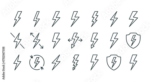 Collection of simple lightning bolt icons and flash symbols, representing power, energy, and electricity. Modern vector pictograms and glyphs suitable for web and app design, conveying speed, danger