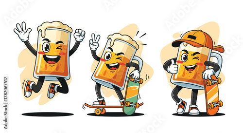 Vibrant and energetic cartoon beer mug characters showcasing dynamic poses: one jumping with joy, another skateboarding with a peace sign, and a third giving a thumbs up while leaning on a