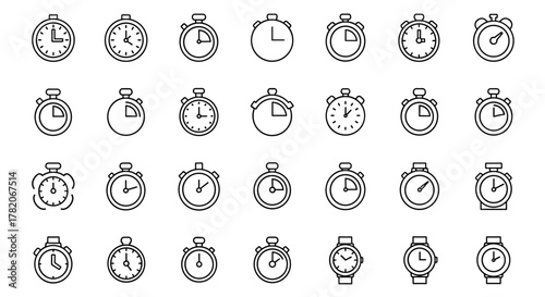 Collection of black clock and stopwatch icons, featuring various designs of timers and watches on a clean white background, representing time management and measurement in a modern, ordered line icon
