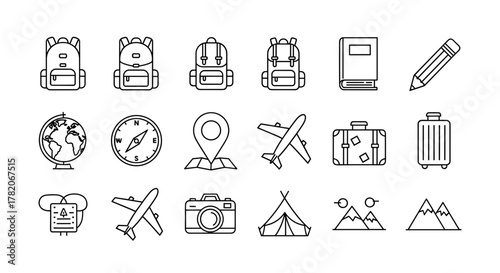 Collection of outline icons representing travel and adventure essentials, including backpacks, globes, compasses, maps, airplanes, suitcases, cameras, tents, and mountains, all rendered in a clean
