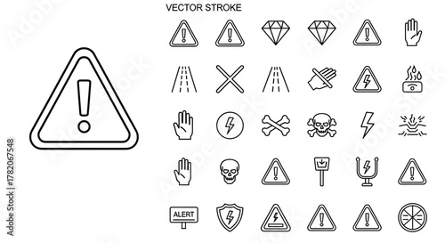 Collection of hazard and warning icons in vector stroke style, featuring danger, risk, and caution symbols. Includes road signs, alert triangles with exclamation marks, dangerous symbols, safety