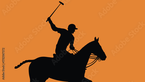 Dynamic silhouette of polo player swinging mallet while riding horse on orange background, offering striking visual power and competitive energy