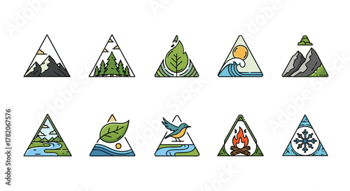 Set of abstract triangle nature logos, vector cartoon illustrations featuring mountains, forests, leaves, waves, birds, campfires, and snowflakes, representing elements of the natural world on a