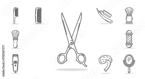 A collection of barber shop icons and tools, including scissors, combs, a shaving brush, a straight razor, a barber pole, a hair clipper, shaving foam, and a mirror, presented in a clean, modern